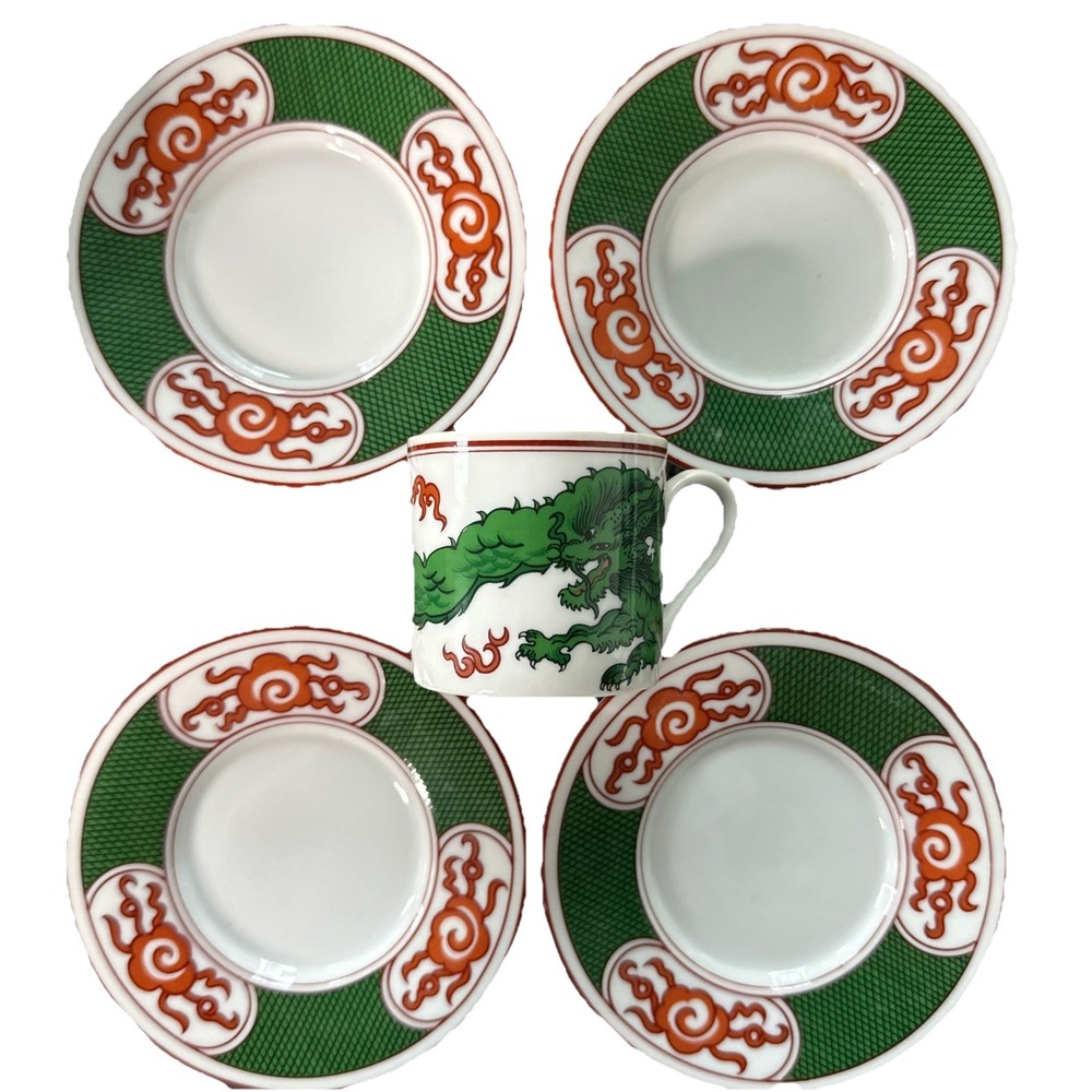 RARE Horchow Collection Set of 4 Demitasse/Espresso Cup Plates. Green Dragon.
